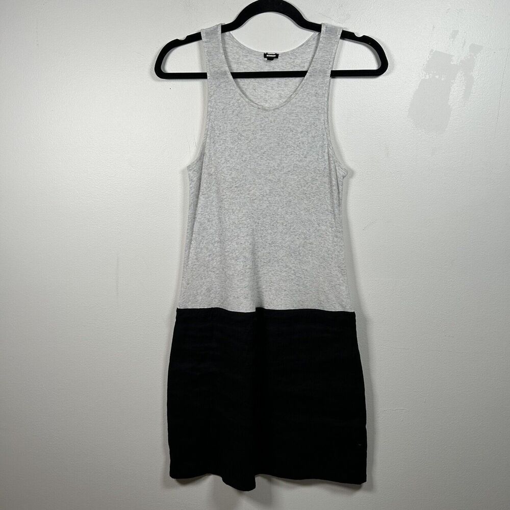 Monrow Womens Jersey Linen Scoop Neck Drawstring Waist Mini Dress Black Size XS